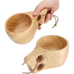 2pcs Wooden Camping Mug, Kuksa Wood Camp Mug with Leather Lanyard Nordic Style Wood Mug Drinking Cup Portable Hiking Tableware