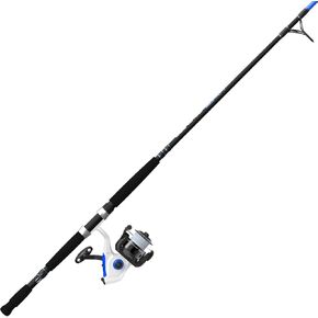 Zebco Salt Fisher Bite Alert Spinning Reel and Fishing Rod Combo, 7-Foot 2-Piece Medium-Heavy Power, Moderate Action Fiberglass Rod, 60-Size Reel, Right/Left Retrieve, 20-Pound Line, Blue/White/Black