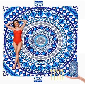 Boho Beach Blanket Sandproof Waterproof Extra Large Blanket for 1-8 Adults Size 110"x118" with Ground Mails, Pouch Bag, Anti Sand, Outdoor Blue Blanket