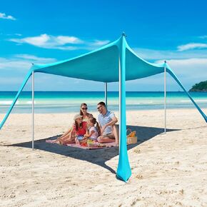 Beach Tent - 10 x 10 FT Beach Canopy, Portable Beach Tent Sun Shelter UPF50 with 4 Sandbags, Stability Poles, Ground Pegs and Anti-Wind Ropes, Outdoor Beach Shade Canopy for Beach Camping Picnics