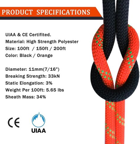Ritafc تسلق حبل حبل ثابت UIAA حبل رابيلينج 11 مم 150 قدم خط ثابت حبل عباءة نايلون كيرن لتسلق الصخور، تسلق شجرة الجبال، النقل، الإنقاذ، معدات التسلق... in Saudi Arabia