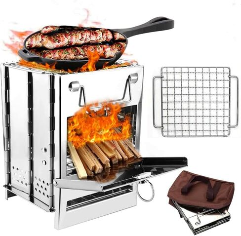 Camping Wood Burning Stove with Carry Bag,Foldable Camp Stove,Stainless Steel Collapsible Backpacking Survival Stove,Campfire Stove,Outdoor Folding Lightweight Stove for BBQ,Cooking,Picnic,Hiking in Kuwait