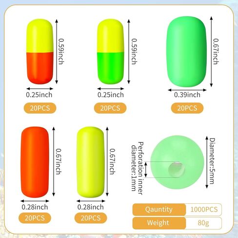 1100 Foam Floats Fishing Beads Assorted Set Small Fishing Floats Bright Color Pompano Floats Glow Fishing Rig Beads for Saltwater Freshwater Fishing Lure Tackle Trout Catfish Walleye in Saudi Arabia
