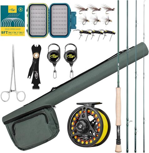 SF Fly Fishing Rod Combo Starter Kit شبه لامع لمسة نهائية من اليشم الأخضر 24T من ألياف الكربون سمك السلمون المرقط للسفر مع بكرة، علبة قضيب الطيران، صندوق الطيران، الذباب، زعيم مدبب، أدوات ربط العقدة in Kuwait