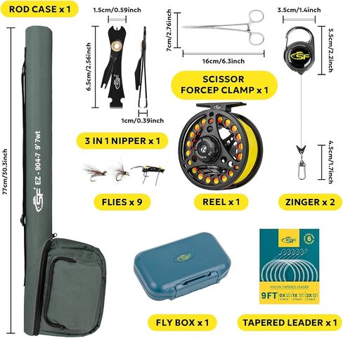 SF Fly Fishing Rod Combo Starter Kit شبه لامع لمسة نهائية من اليشم الأخضر 24T من ألياف الكربون سمك السلمون المرقط للسفر مع بكرة، علبة قضيب الطيران، صندوق الطيران، الذباب، زعيم مدبب، أدوات ربط العقدة in Kuwait