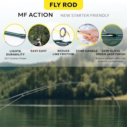 SF Fly Fishing Rod Combo Starter Kit شبه لامع لمسة نهائية من اليشم الأخضر 24T من ألياف الكربون سمك السلمون المرقط للسفر مع بكرة، علبة قضيب الطيران، صندوق الطيران، الذباب، زعيم مدبب، أدوات ربط العقدة in Kuwait