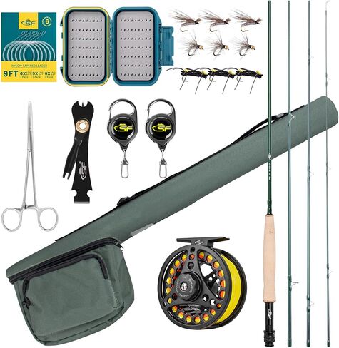 SF Fly Fishing Rod Combo Starter Kit شبه لامع لمسة نهائية من اليشم الأخضر 24T من ألياف الكربون سمك السلمون المرقط للسفر مع بكرة، علبة قضيب الطيران، صندوق الطيران، الذباب، زعيم مدبب، أدوات ربط العقدة in Kuwait