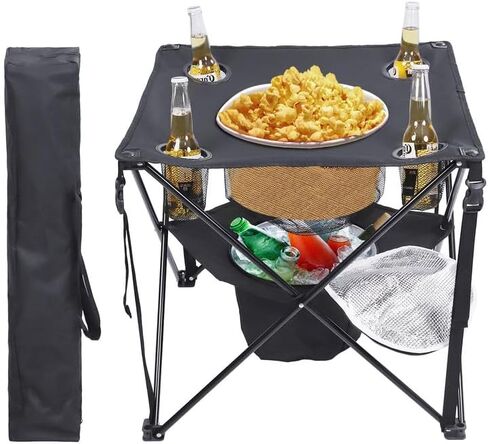 Folding Tailgating Table with Cooler,Lightweight Folding Camping Table w/Mesh Food Basket,4 Cup Holder,Carry Bag for Outdoor Picnic,Camp,BBQ,Parties,Black in Kuwait