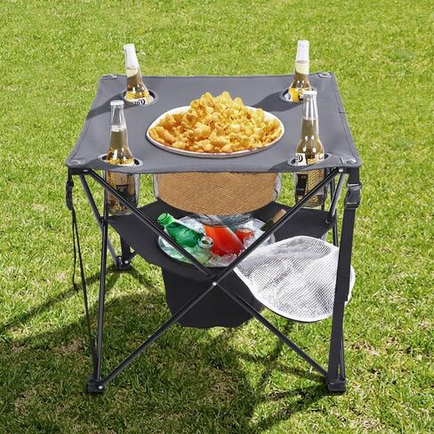 Folding Tailgating Table with Cooler,Lightweight Folding Camping Table w/Mesh Food Basket,4 Cup Holder,Carry Bag for Outdoor Picnic,Camp,BBQ,Parties,Black in Kuwait