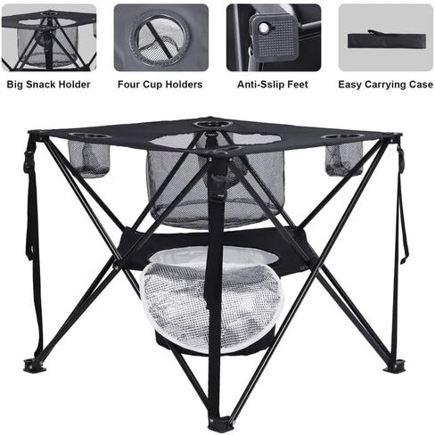 Folding Tailgating Table with Cooler,Lightweight Folding Camping Table w/Mesh Food Basket,4 Cup Holder,Carry Bag for Outdoor Picnic,Camp,BBQ,Parties,Black in Kuwait