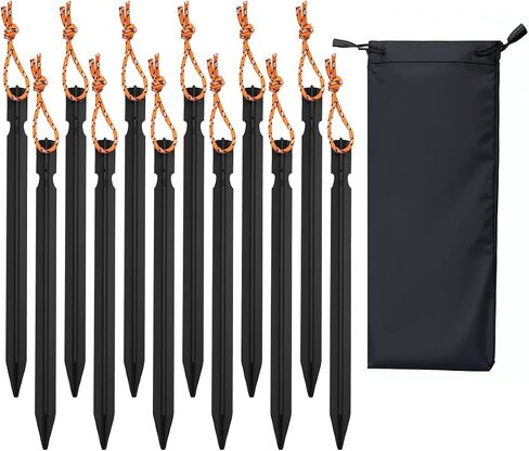 12 Pack Tent Stakes, 7-inch Ultralight Aluminum Ground Pegs with Reflective Pull Ropes, Y-Shape Stakes in a Carrying Bag, for Camping, Backpacking, Hiking Tent, Hammocks and Canopy, Black in Saudi Arabia