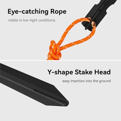 12 Pack Tent Stakes, 7-inch Ultralight Aluminum Ground Pegs with Reflective Pull Ropes, Y-Shape Stakes in a Carrying Bag, for Camping, Backpacking, Hiking Tent, Hammocks and Canopy, Black in Saudi Arabia