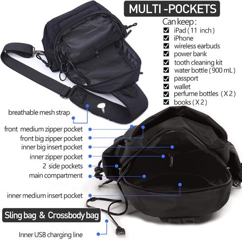 Sling Bag Crossbody Bag Sling Backpack for Men Women, Shoulder Bag Chest Crossbody Bag for Men Women, Lightweight Waterproof Sling Bag for Men Women USB Charging Port Travel Hiking in Saudi Arabia