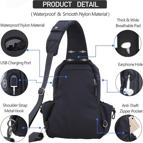Sling Bag Crossbody Bag Sling Backpack for Men Women, Shoulder Bag Chest Crossbody Bag for Men Women, Lightweight Waterproof Sling Bag for Men Women USB Charging Port Travel Hiking in Saudi Arabia
