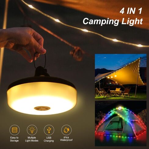 Camping String Lights - 4 in 1 Outdoor Lights with 8 Lighting Modes, USB Charge & Battery Indicator, Durable & Waterproof for Camping Yard Hiking, Portable & Easy-to-Store (32.8ft) in Saudi Arabia