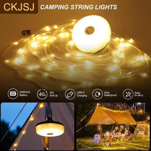 Camping String Lights - 4 in 1 Outdoor Lights with 8 Lighting Modes, USB Charge & Battery Indicator, Durable & Waterproof for Camping Yard Hiking, Portable & Easy-to-Store (32.8ft) in Saudi Arabia