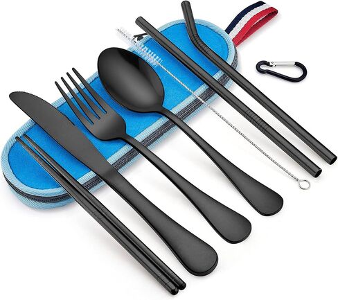 LIANYU 8-Piece Black Travel Silverware Utensils Set, Portable Stainless Steel Flatware Set, Reusable Cutlery with Chopsticks Straws, Blue Case in Saudi Arabia
