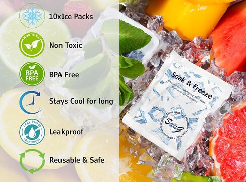 عبوات ثلج SaaG Soak & Freeze لصندوق التبريد - عبوة من 5 أو 10 قطع لصندوق الغداء أثناء السفر والتخييم - مناسبة لأكياس التبريد وصناديق الغداء - تحافظ على الطعام طازجًا وباردًا in Saudi Arabia