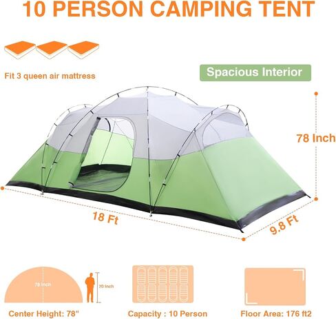 10-Person Tents for Camping,Large Family Camping Tents with Rainfly,Big Tents with Vestibule,Double Layer,Waterproof,Easy Setup Dome Tents for Outdoor Camping,Party,(18ft x 9.8ft x78 in) in Saudi Arabia