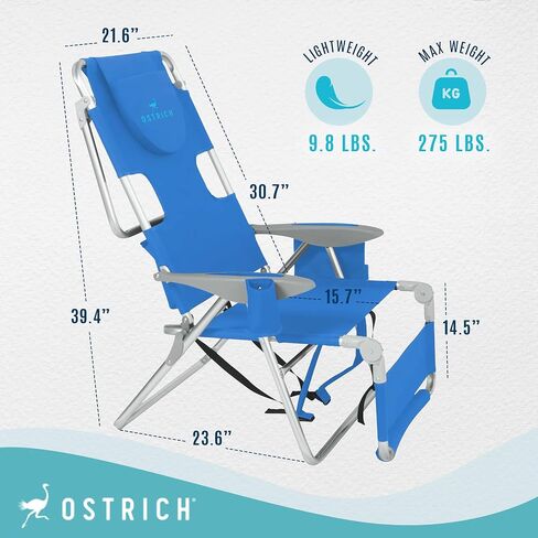 Ostrich 3N1 Lightweight Lawn Beach Reclining Lounge Chair with Footrest, Outdoor Furniture for Patio, Balcony, Backyard, or Porch, Blue in Saudi Arabia