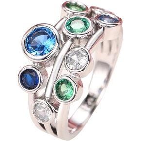 SUKKCCNO 925 Sterling Silver Geometry Gemstone Ring Inlay Nine Blue Green Round Cut AAA Cubic Zirconia CZ Cocktail Ring Eternity Jewelry Gift Rings Band for Women
