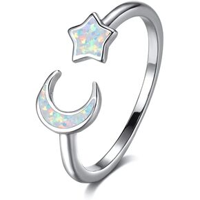 Opal Crescent Moon Star Open Adjustable Stacking Ring White Gold Plated Created Birthstone Love Endless Promise Wedding Finger Bands Expand Lucky Statement Rings Fashion Jewelry for Women Teen Girls Girlfriend Mother