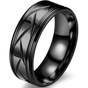 8mm Stainless Steel Matte Brushed Black Grooved Classic Plain Wedding Band Ring