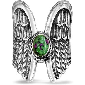 Oval Genuine Gemstone Angel Wings Wide Band Ring,Retro S925 Sterling Silver Natural Oval Quartz Crystal Stone Cocktail Party Gothic Punk Full Finger Chunky Statement Band Ring for Women