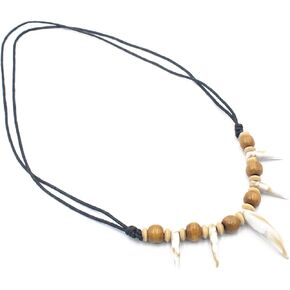 Tribal Acrylic Wolf Tooth Necklace Ethnic Style Handmade Stone Woody Beaded Resin Curly Wolf Fang Tooth Adjustable Cord Collar for Men Women Dress up Jewelry