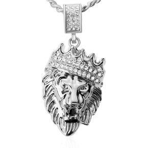 Crown Lion Head Pendant Necklace Iced Out Clear Rhinestones Curb Cuban Chain Stainless Steel Necklace Jewelry Gift