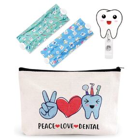4PCS Dentist Gifts Dental Hygienist Accessories Headbands with Buttons Glitter Acrylic Badge Reel Retractable Teeth Makeup Bag Dentist Physician Appreciation Gift for Women Assistant Week Graduation