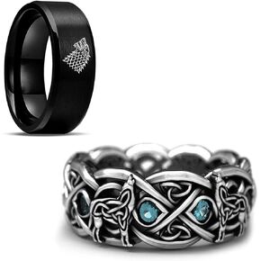 2PCS 8mm Viking Celtic Wolf Bands Ring Set for Women Men,S925 Sterling Silver Hollow Engraved Wolf Ring with 316L Stainless Steel Wolf Band Ring,Retro Vintage Punk Biker Gothic Viking Ring Jewelry Set Gift for Her Him,Size 7-11