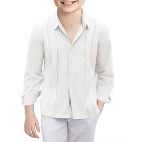 Haloumoning Boys Cuban Guayabera Shirt Kids Fashion Button Down Long Sleeve Shirts 5-14 Years