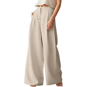Les umes Womens Casual Wide Leg Pants Cotton Long Trousers High Wasit Loose Palazzo Pants with Pockets