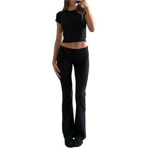 Women 2 Piece Set Short Sleeve Crew Neck T-shirt + Low Waist Stretchy Flare Pants Outfit Yoga Exercise Tracksuit