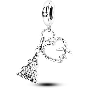 925 Sterling Silver Beads for Bracelets & Necklaces, Cute Charms for Bracelets, Eiffel Tower Heart Shaped Pendants, Birthday Graduation Honeymoon Jewelry Gifts for Women Men Teens