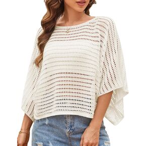 ZAFUL Women's Crochet Tops Hollow Out Knit Batwing Sleeve Sexy See Through Pullover Top Summer Mesh Beach Cover Ups