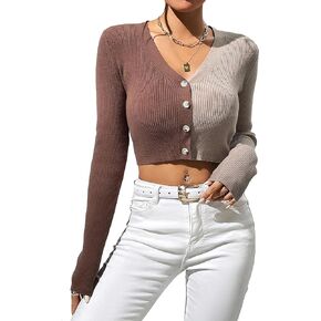 WDIRARA Women's Color Block Ribbed Knit Crop Cardigans Button Front Long Sleeve Cardigan Sweater