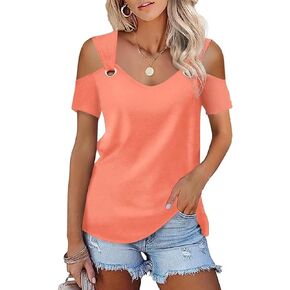 Womens Fashion Cold Shoulder Tops V Neck Blouse Tunic Shirts Summer Short Sleeve T Shirts