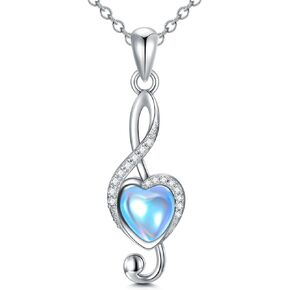 Music Note Necklace 925 Sterling Silver Music Note Moonstone Pendant Necklace Musical Note Heart Necklace Jewelry Valentine's day Gift for Women Girls