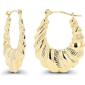 14K Gold Polished & Textured Twisted Shrimp Hoop Earrings For Women | 2.60x21mm Hoops | Earrings For Sensitive Ears | Solid Gold Earrings For Women