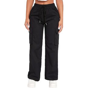 MakeMeChic Women's Casual Drawstring High Elastic Waist Straight Leg Pocket Cargo Pants