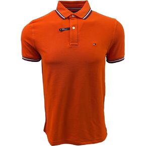 Tommy Hilfiger Mens Striped Collar Polo (Small, Bright Orange)