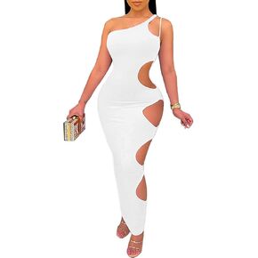 SHESEEWORLD Women's Sexy One Shoulder Sleeveless Side Cutout Hole Bodycon Dresses Summer Long Club Dress