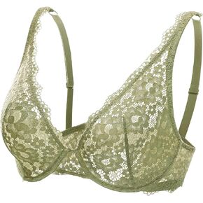 DOBREVA Women's Lace Unlined Plunge Bra Underwire Bralette Plus Size Sheer Full Coverage Bras