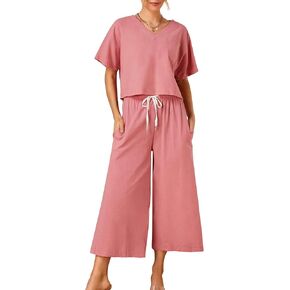 Vrtige Women's 2 Piece Outfits Linen Cotton Short Sleeve Top and Wide Leg Pants Set with Pockets