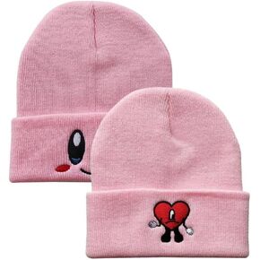 2 Pcs Warm Casual Knitted Brimless Beanie Hat Lovely face Embroidery Knit Hat Winter Skull Hedging Warm Caps Unisex Pink