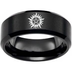 8mm Men's Supernatural Ring Dean Anti-Possession Symbol Black Titanium Steel Flat Band Size 6-13