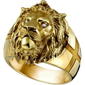 MayiaHey Lion Ring, Gothic Cross Lion Head Ring for Men, Norse Viking Lion Animal Ring Lion Jewelry, Celtic Gold Lion Ring Hip Hop Lion Band Ring Punk Cross Lion Ring for Boys