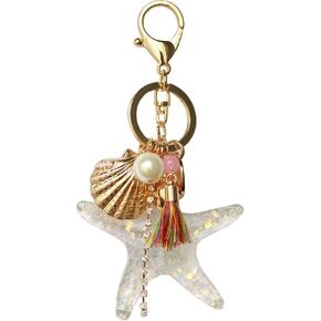 Cute Pearl Starfish Shell Tassel Keychain Keyring Crystal Rhinestones Purse Pendant Handbag Charm